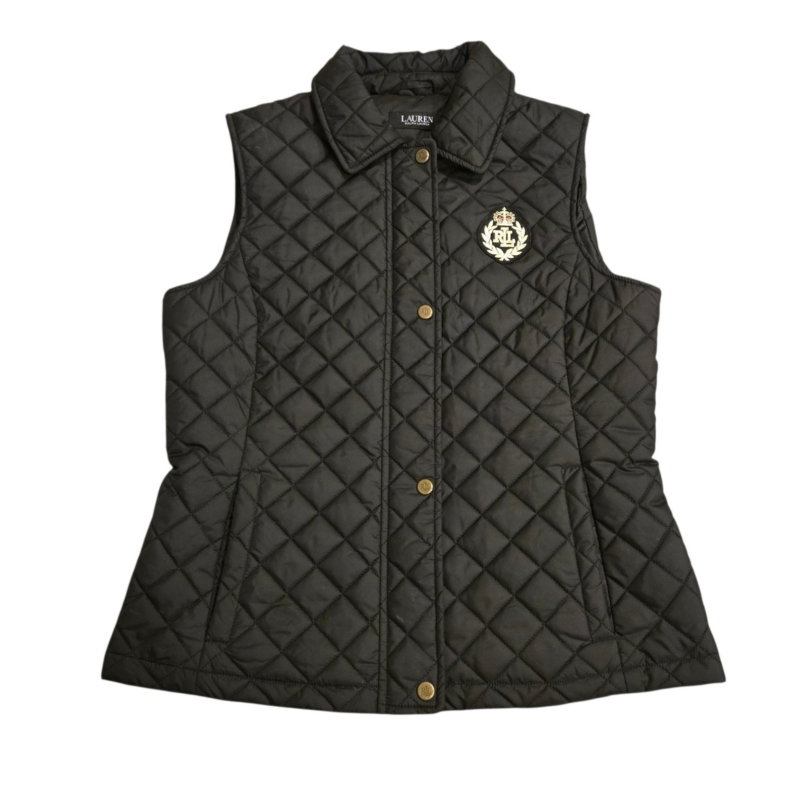 Lauren Ralph Lauren Crest Patch Black Quilt Puffer Vest Women Sz M Equestrian Lauren Ralph Lauren Crest Patch Black Quilt Puffer Vest Women Sz M Equestrian